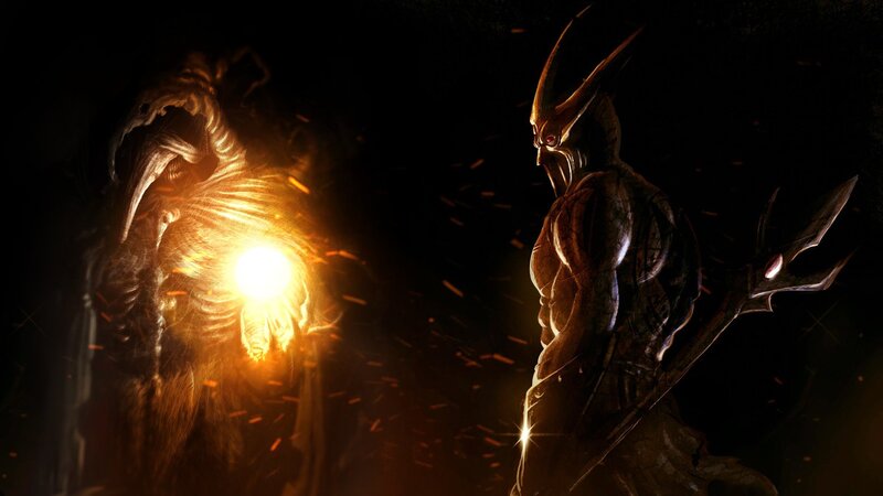 Two Armored Figures Facing — Black, Dramatic