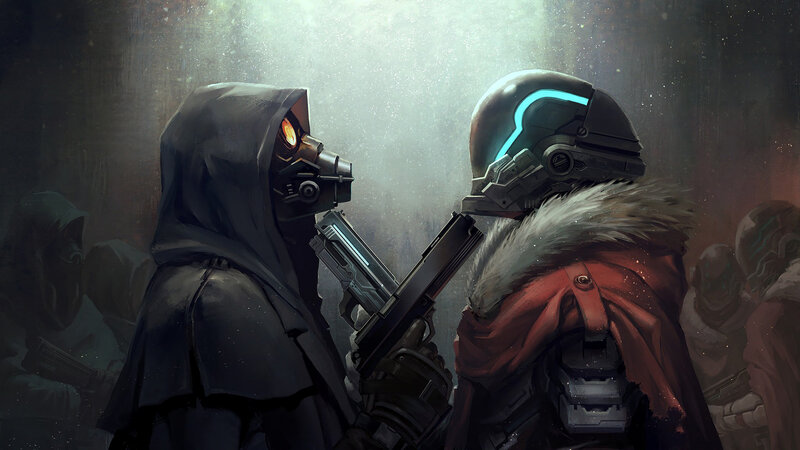 Two Armored Figures Facing — Gray, Dramatic, Digital Art, Hooded Figure