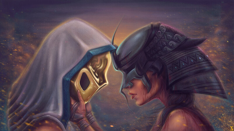 Two Armored Figures Facing — Purple