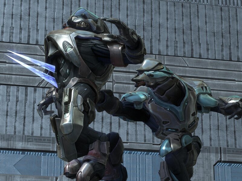 Two Armored Figures Fighting — Gray, Dramatic