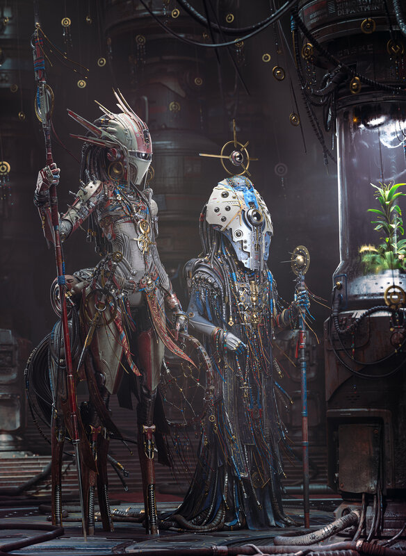 Two Armored Figures — Gray, Dramatic, Digital Art, Mechanical Armor