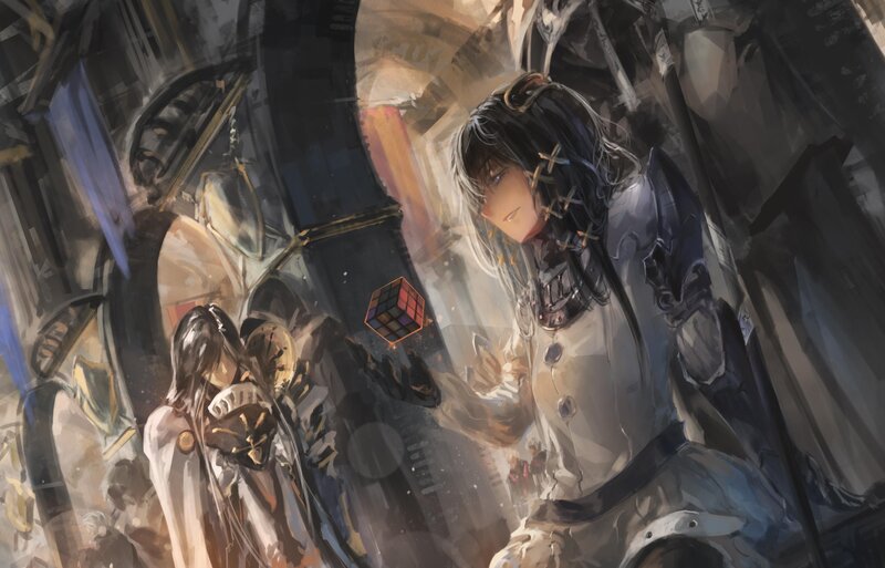Two Armored Figures — Gray, Dramatic, Digital Art, Rubik's Cube
