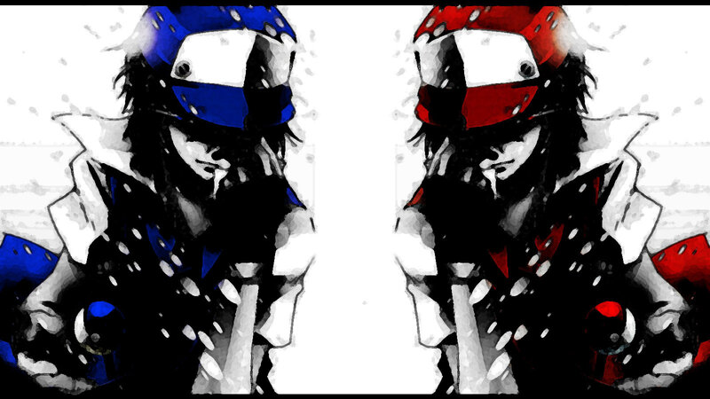 Two armored figures in blue and red