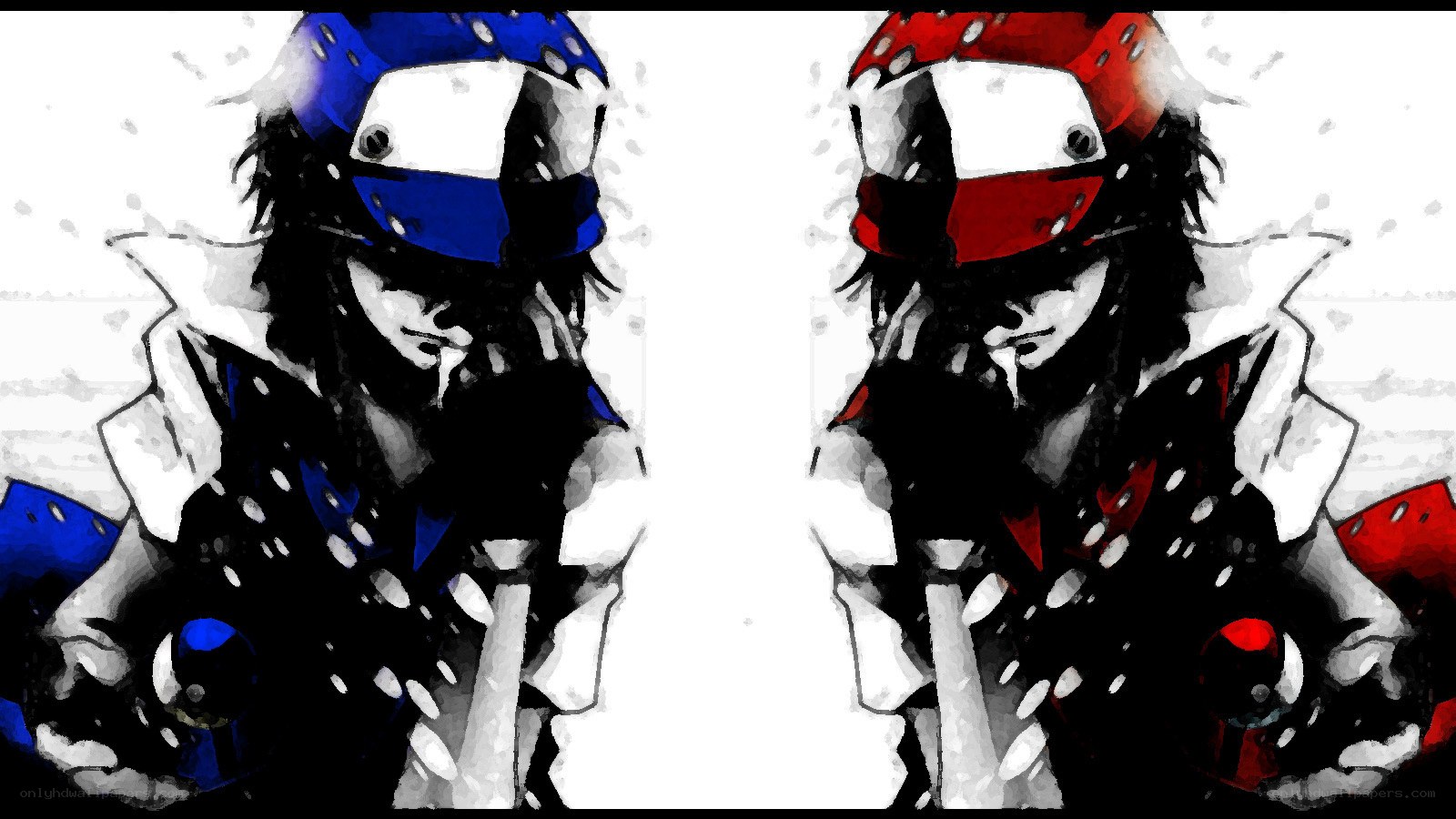 Two armored figures in blue and red