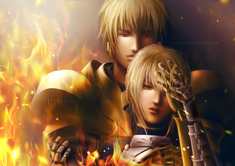 Two Armored Figures in Fire
