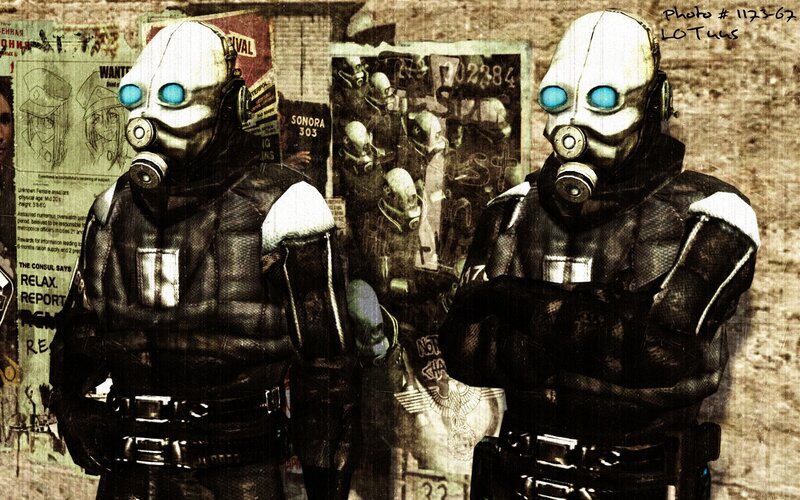 Two armored figures in gas masks