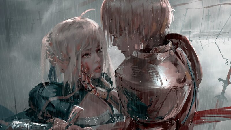 Two Armored Figures in Rain — Gray, Dramatic