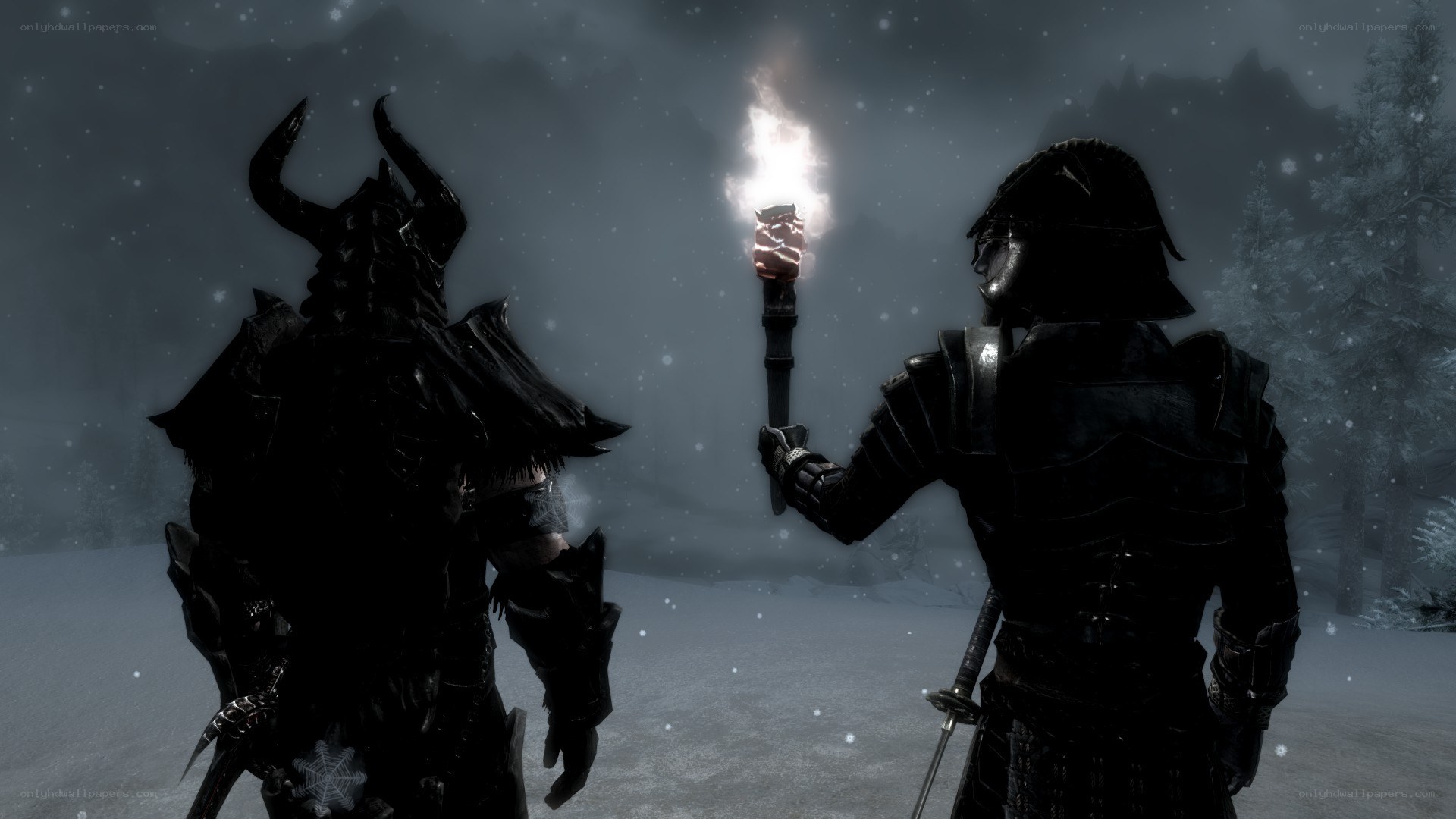Two armored figures in snowy landscape
