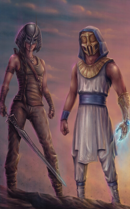 Two Armored Figures — Purple, Dramatic, Sunset