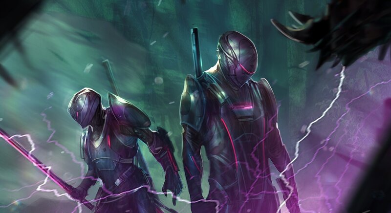 Two Armored Figures — Purple, Dramatic