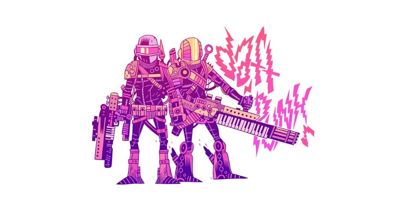 Two Armored Figures — Purple, Energetic