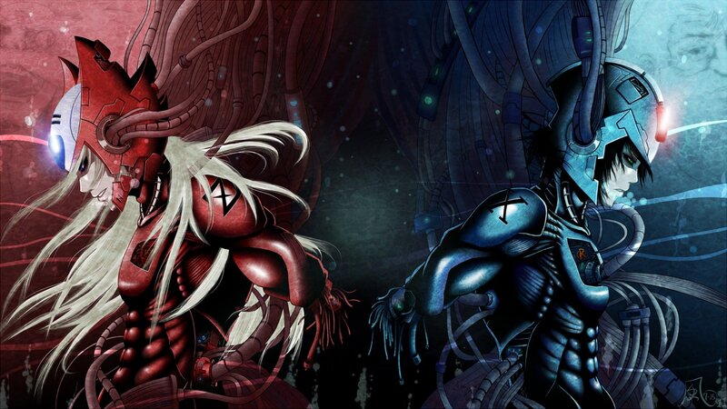 Two Armored Figures — Red, Dramatic, Digital Art, Mechanical Armor