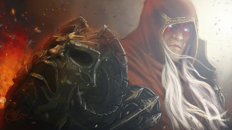 Two Armored Figures — Red, Dramatic, Digital Art