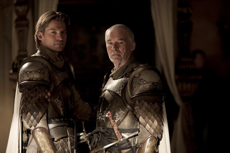 Two armored men in a hall