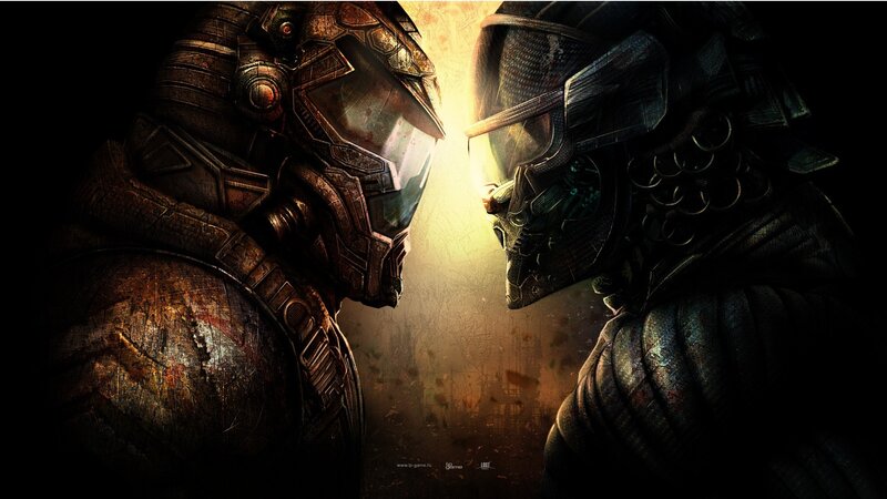 Two Armored Soldiers Facing — Black, Dramatic, Digital Art, Helmets