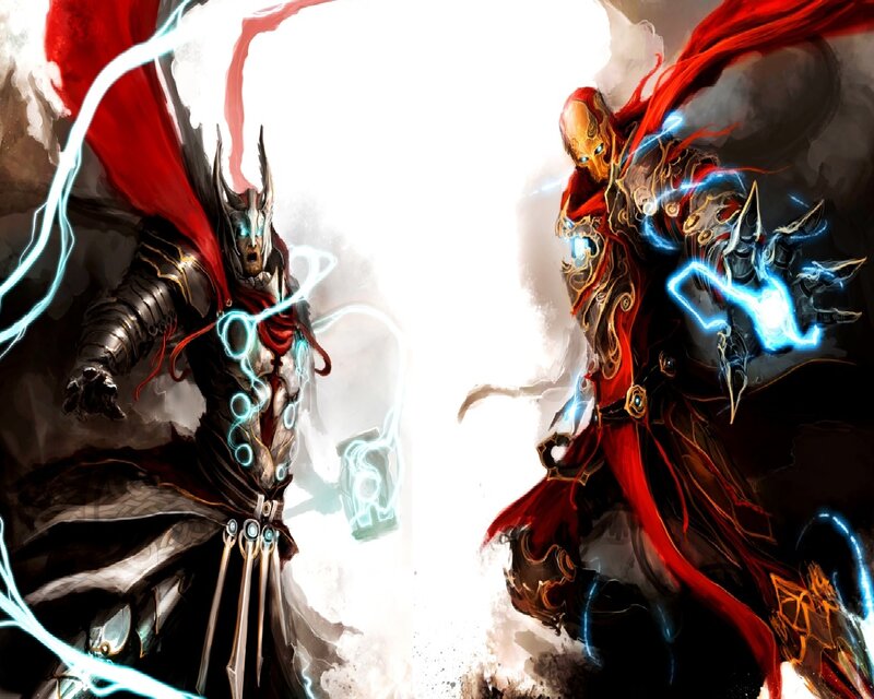 Two Armored Warriors — Red, Dramatic, Digital Art, Lightning