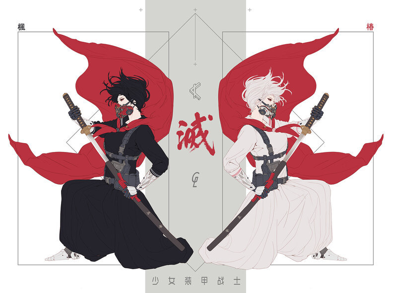 Two Armored Warriors — Red, Dramatic, Digital Art, Swords, Masks