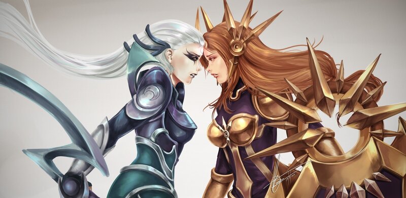 Two Armored Women Facing — Purple, Dramatic