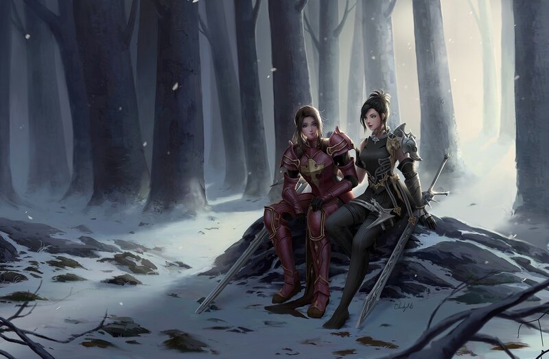 Two Armored Women in Forest