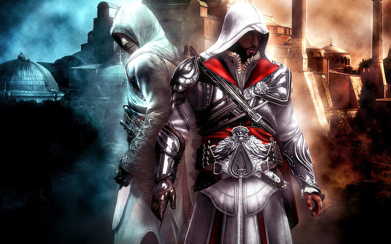 Two Assassins in Hooded Robes — Gray, Dramatic, Night