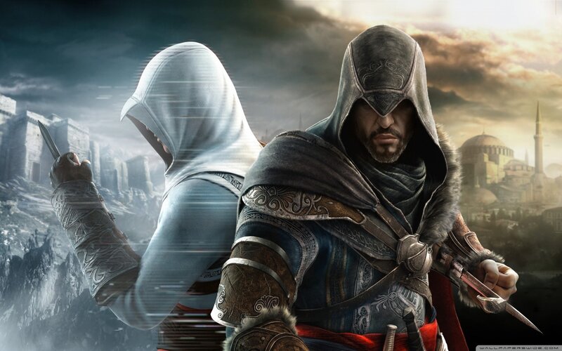 Two Assassins with Knives — Gray, Dramatic, Sunset, Digital Art, Cityscape, Hooded Cloaks