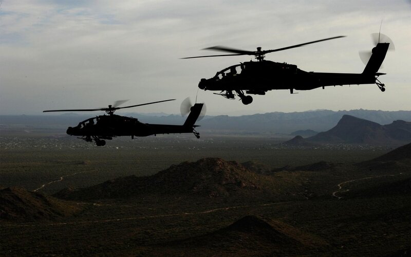 Two Attack Helicopters — Black, Dramatic, Afternoon