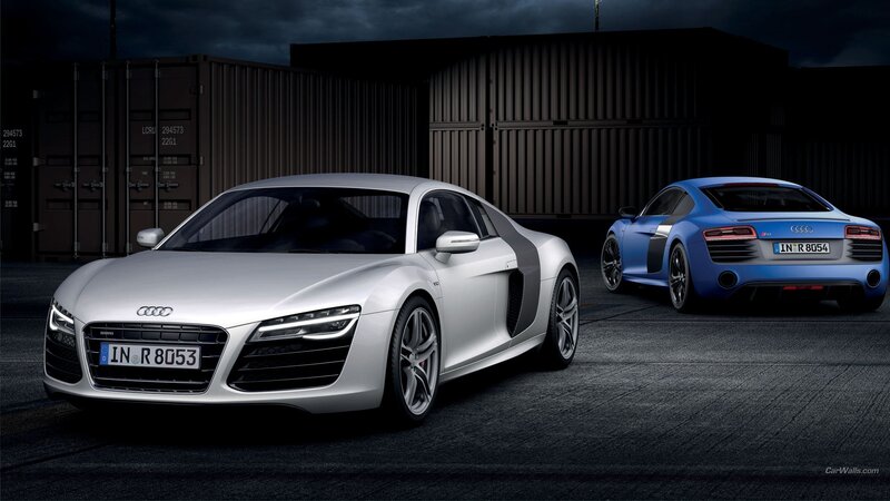 Two Audi R8 Sports Cars — Silver, Dramatic, Night, Photograph