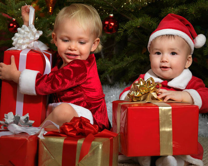 Two Babies in Santa Suits — Red, Festive