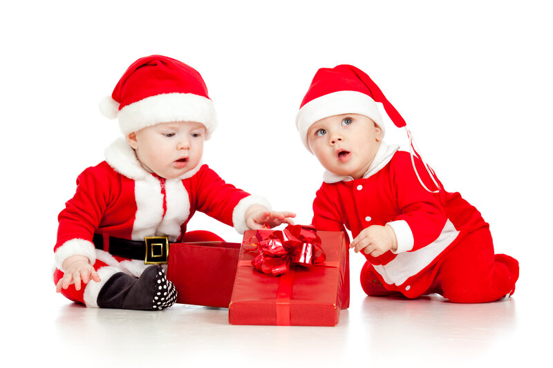 Two Babies in Santa Suits — Red