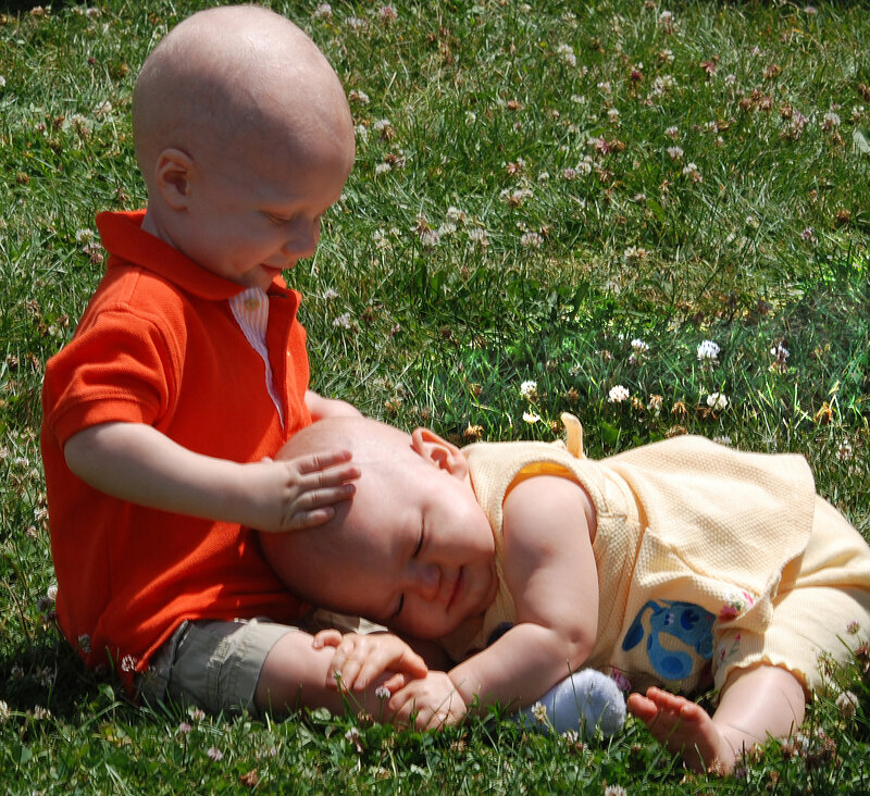 Two Babies on Grass — Green