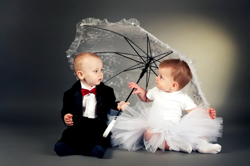 Two Babies under Umbrella — White