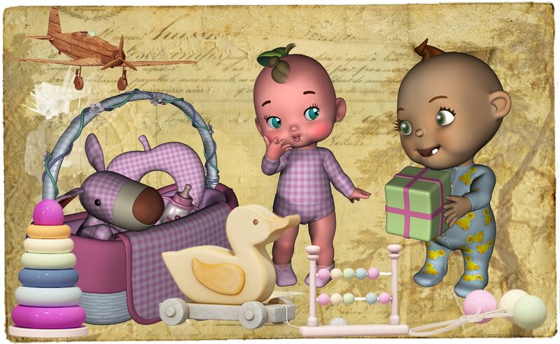 Two Babies with Toys