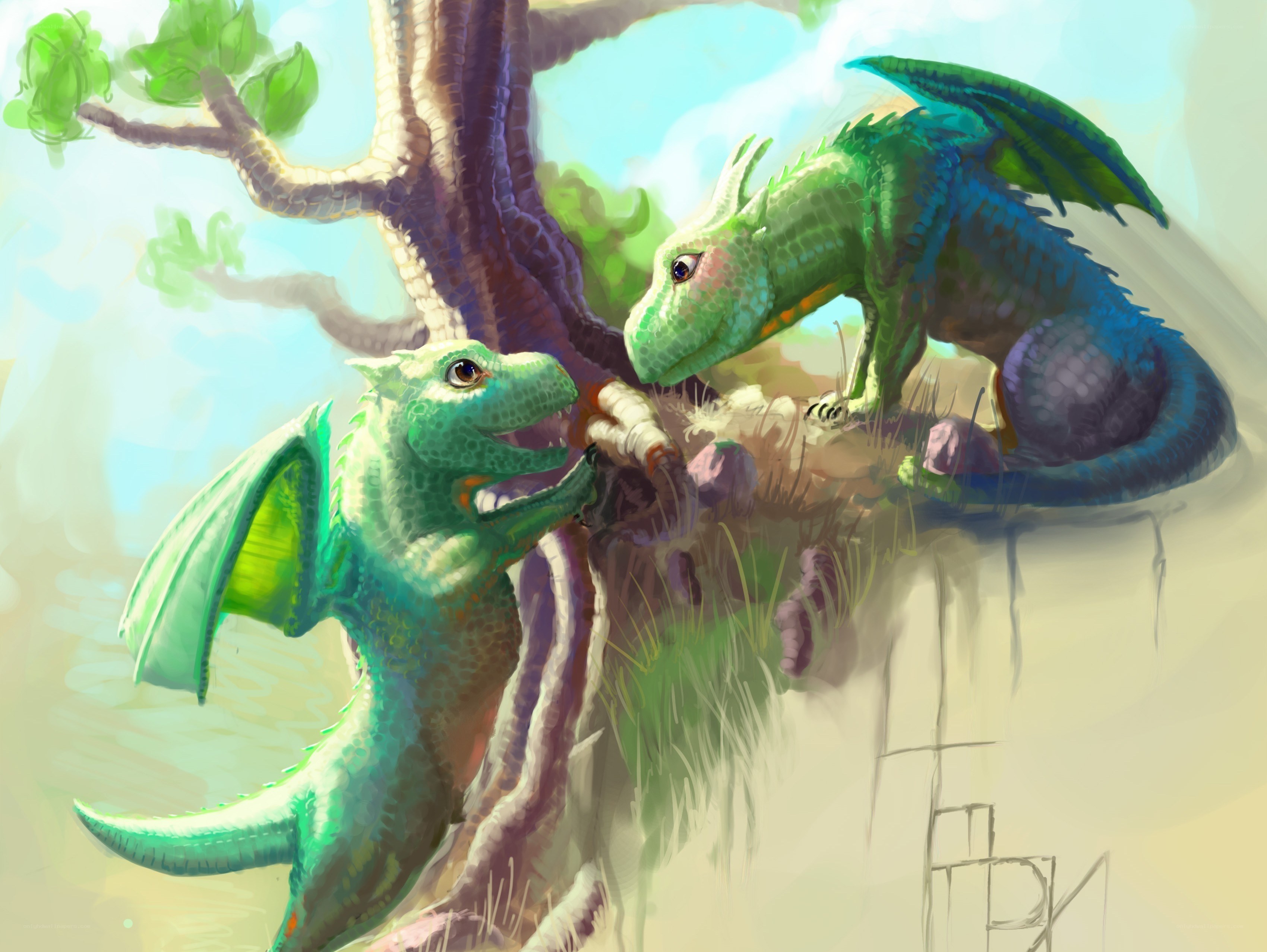 Two baby dragons playing