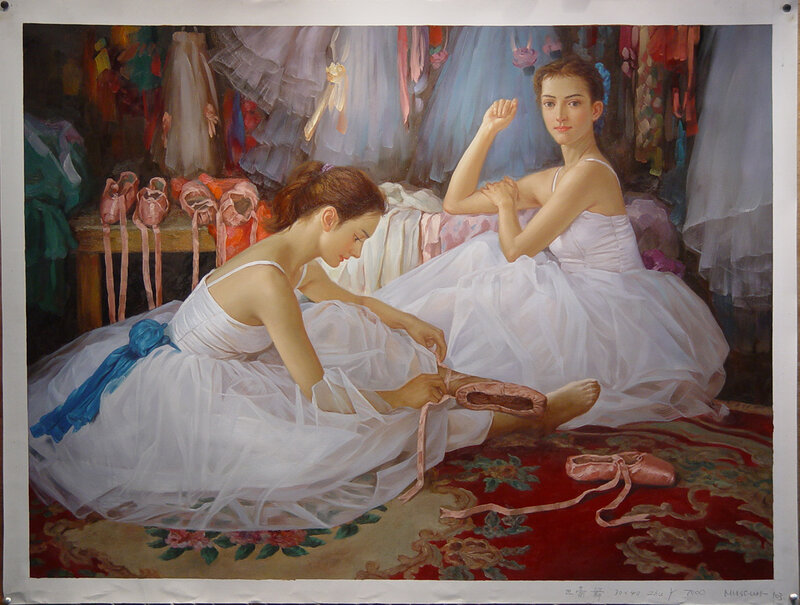 Two Ballerinas in Studio — White, Calm