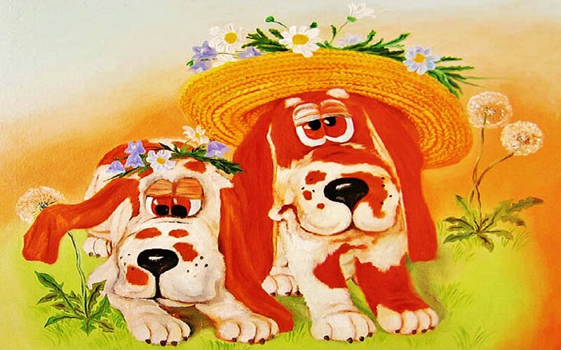 Two Basset Hounds — Yellow