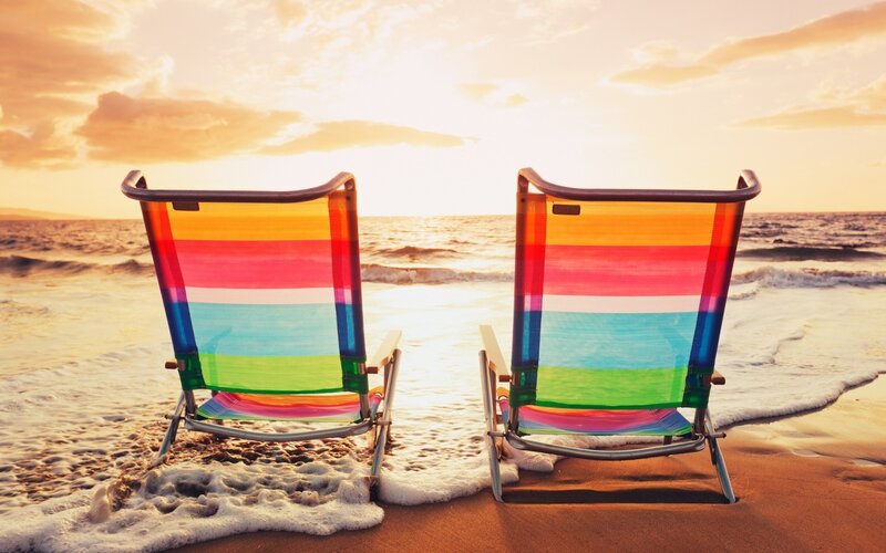 Two Beach Chairs — Orange, Serene, Sunset, Photograph, Ocean, Sand
