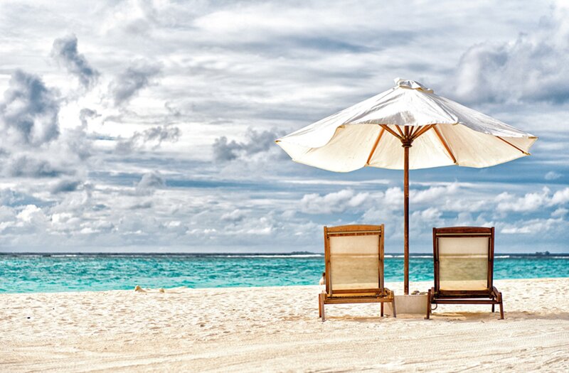 Two Beach Chairs under Umbrella — White