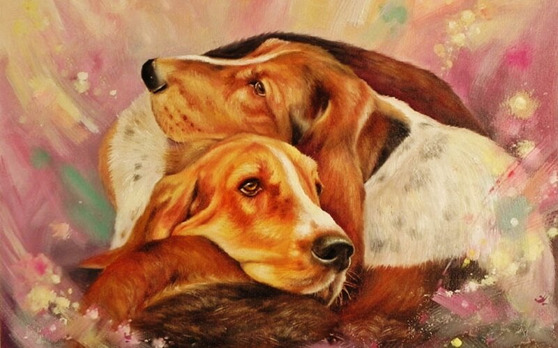 Two Beagle Dogs — Brown, Calm, Painting