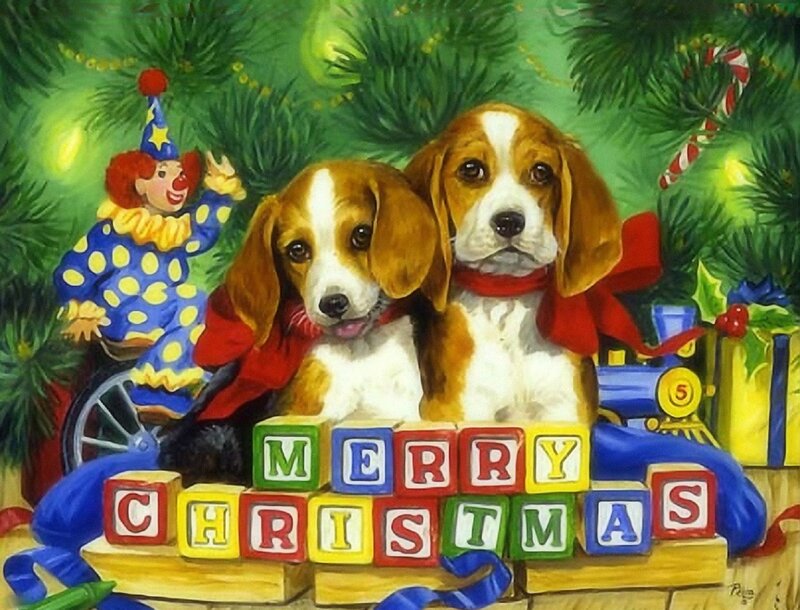Two Beagle Puppies — Green, Festive