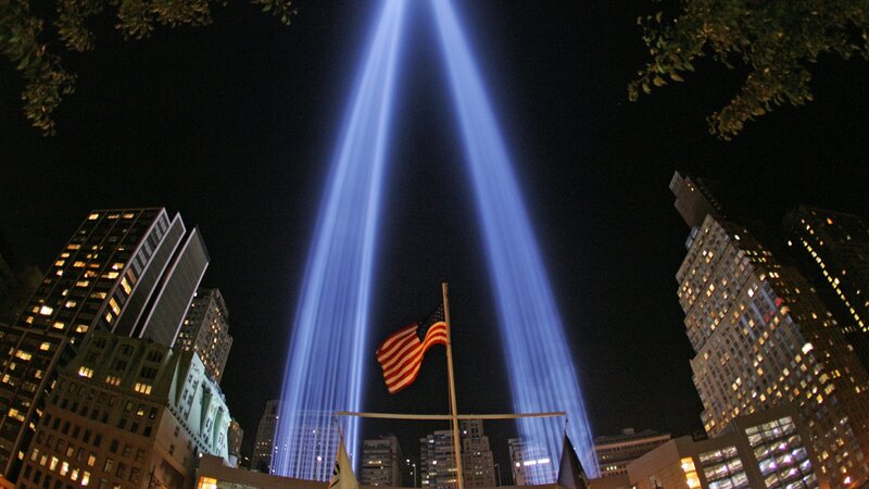 Two beams of light at night
