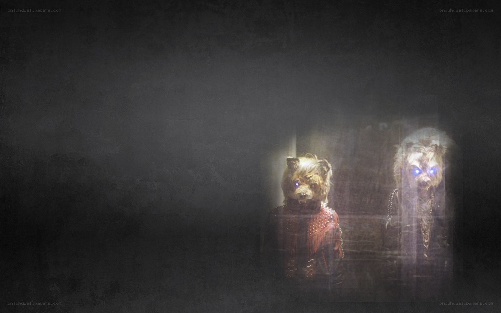 two bear-like figures in dark room