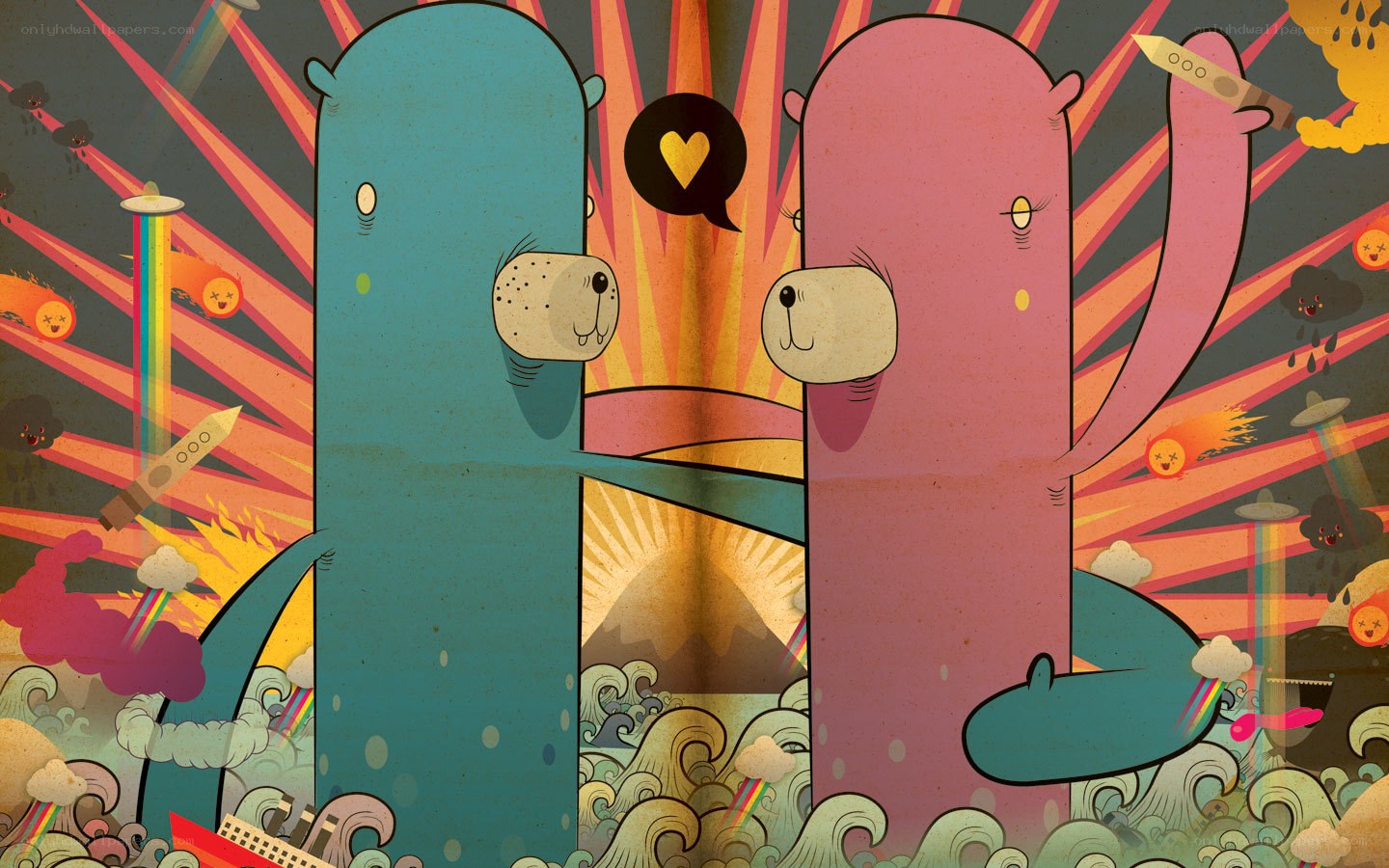 Two bears in a colorful world