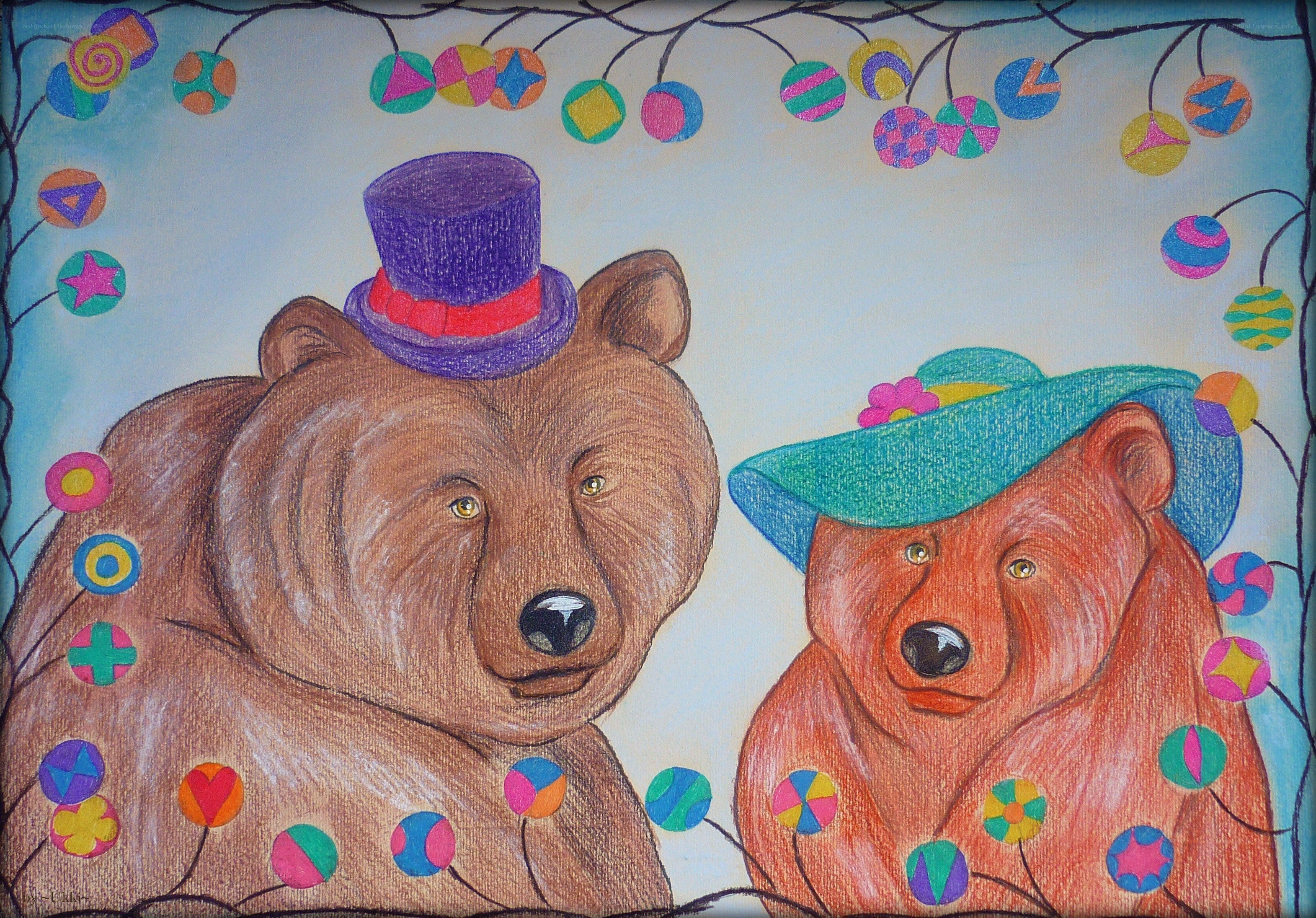 Two bears in hats with lights