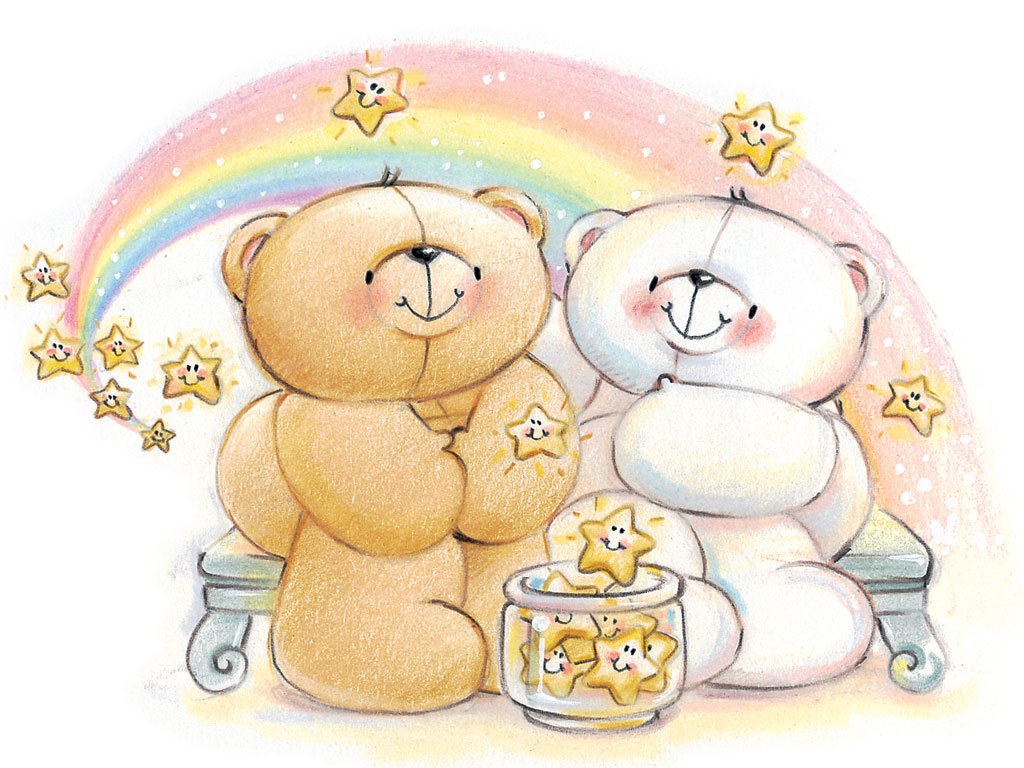 two bears with rainbow and stars