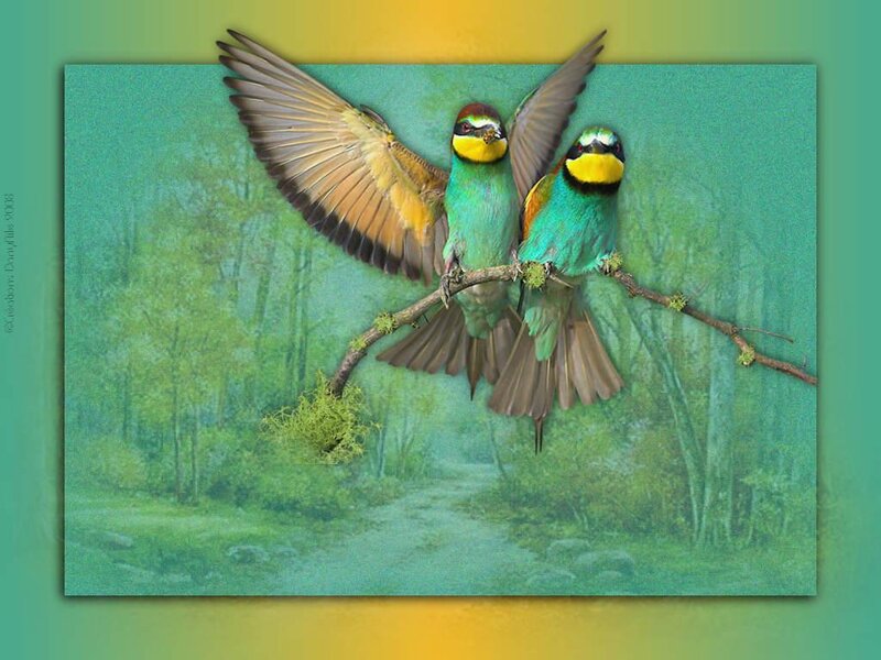 Two Bee-eaters on Branch — Green, Serene, Morning, Digital Art
