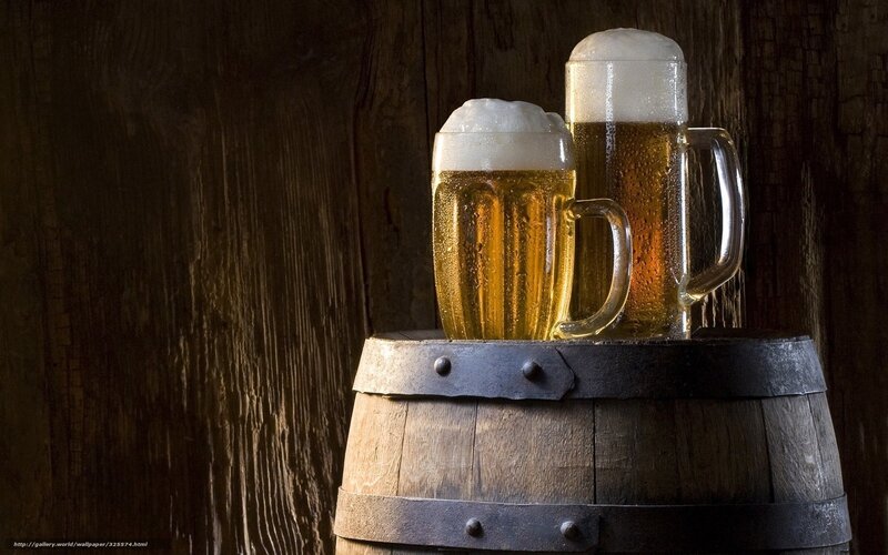 Two Beer Mugs on Barrel — Brown, Dramatic, Photograph
