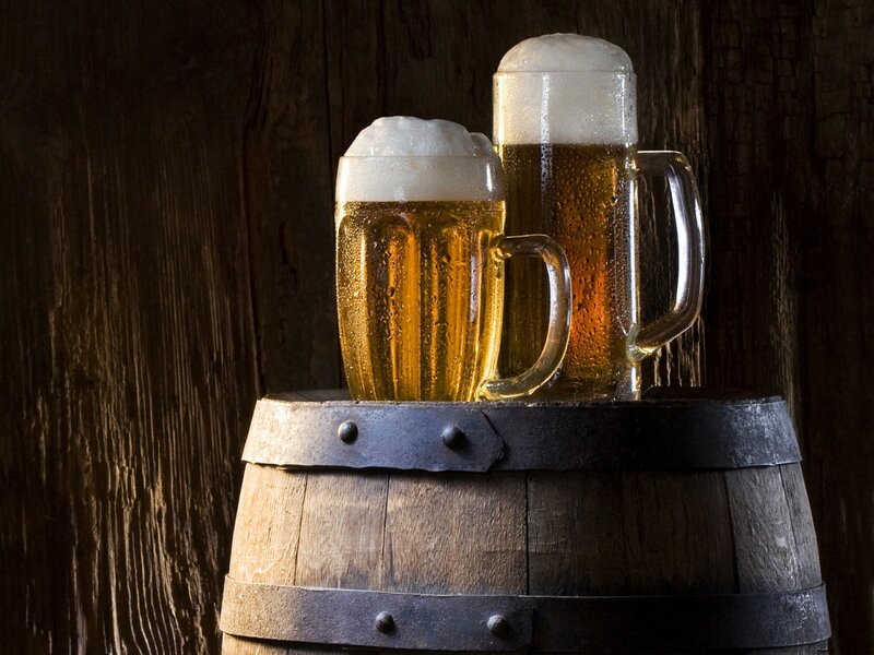 Two Beer Mugs on Barrel — Brown, Dramatic