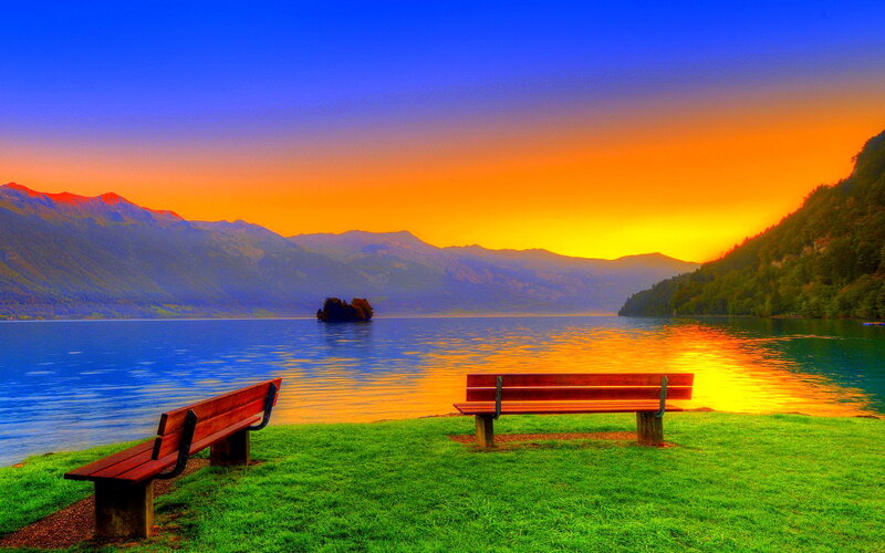 Two Benches by Lake — Blue, Serene
