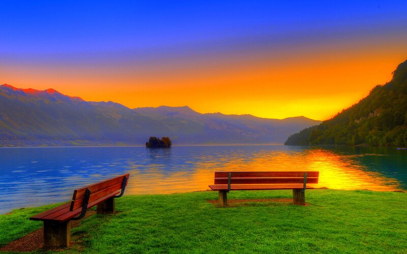 Two Benches by Lake — Blue