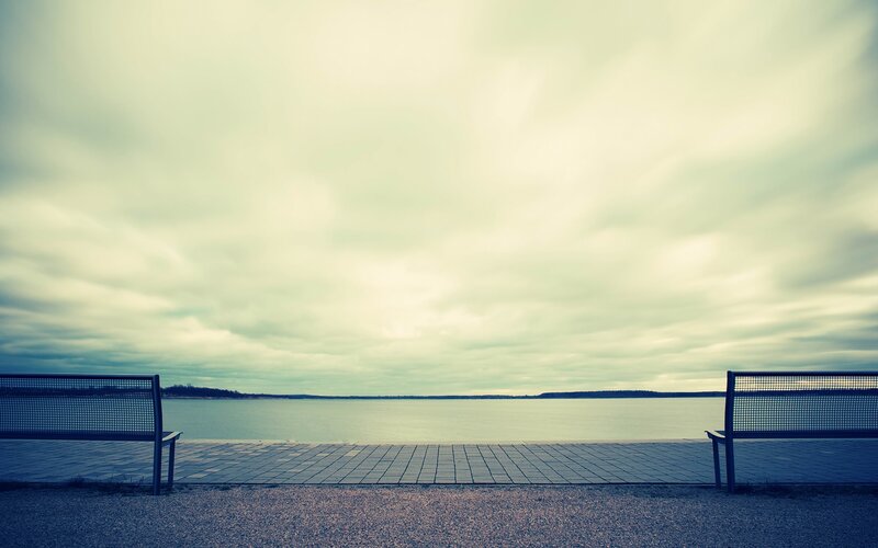 Two Benches by Water — Gray, Calm